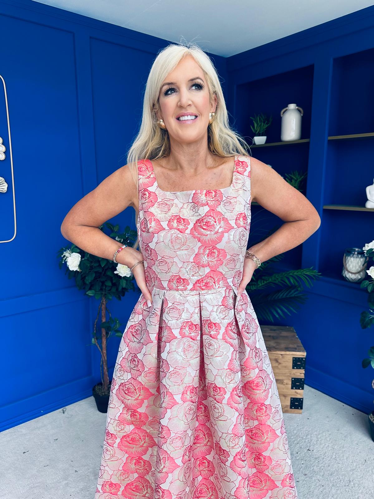 Celia Square Neck Jacquard Occasion Dress Coral