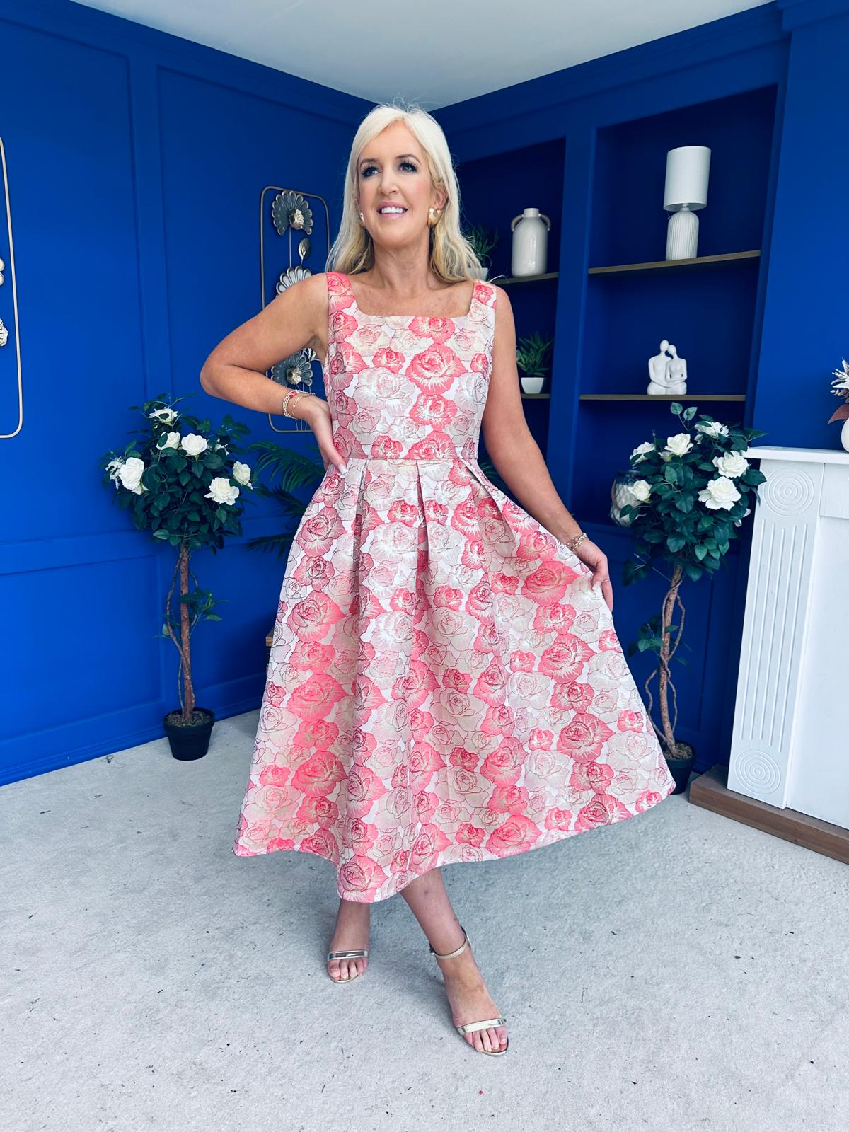 Celia Square Neck Jacquard Occasion Dress Coral