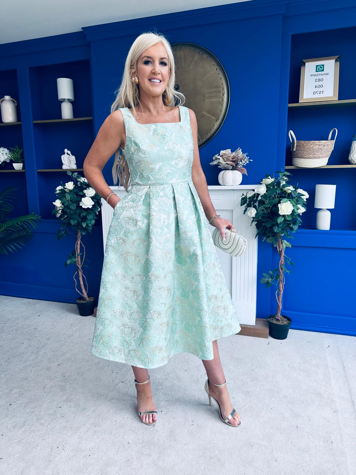 Celia Square Neck Jacquard Occasion Dress Mint