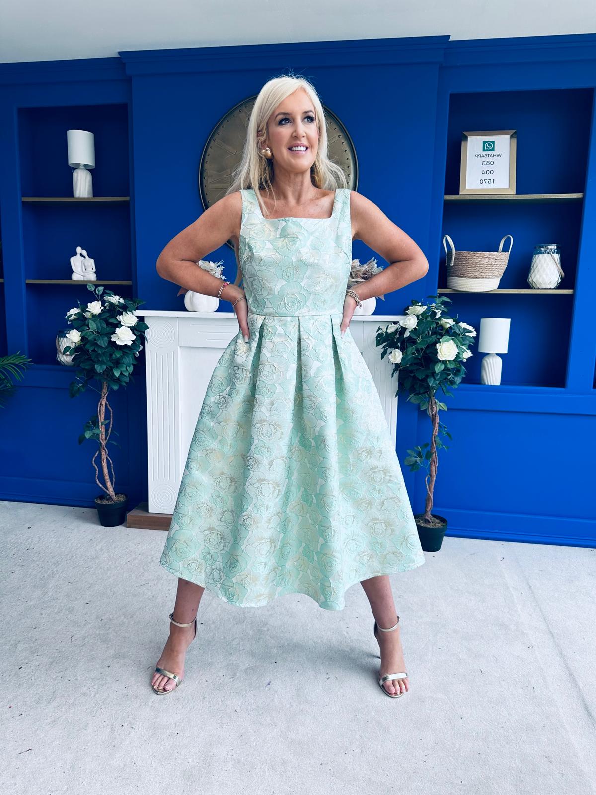 Celia Square Neck Jacquard Occasion Dress Mint