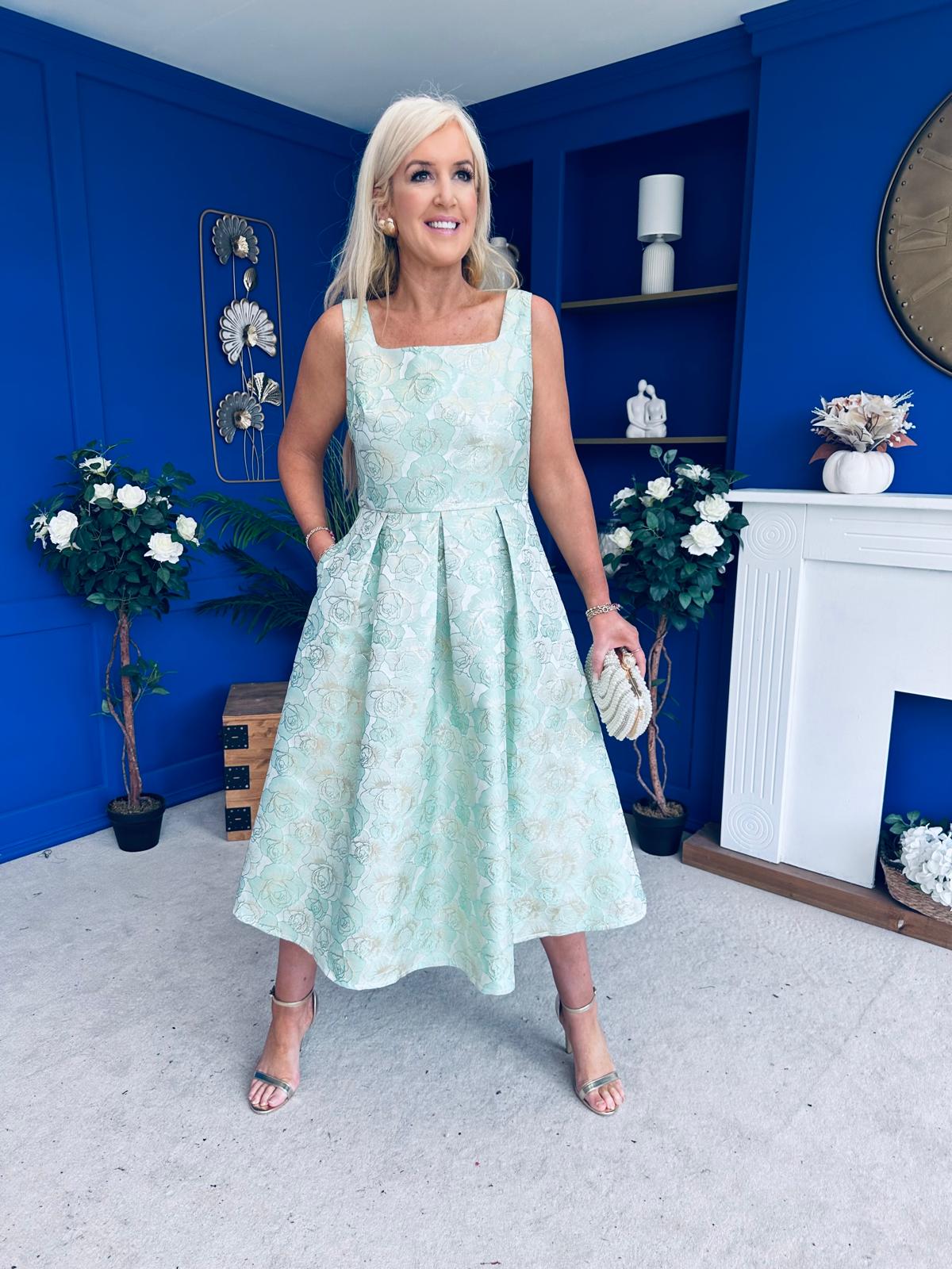 Celia Square Neck Jacquard Occasion Dress Mint