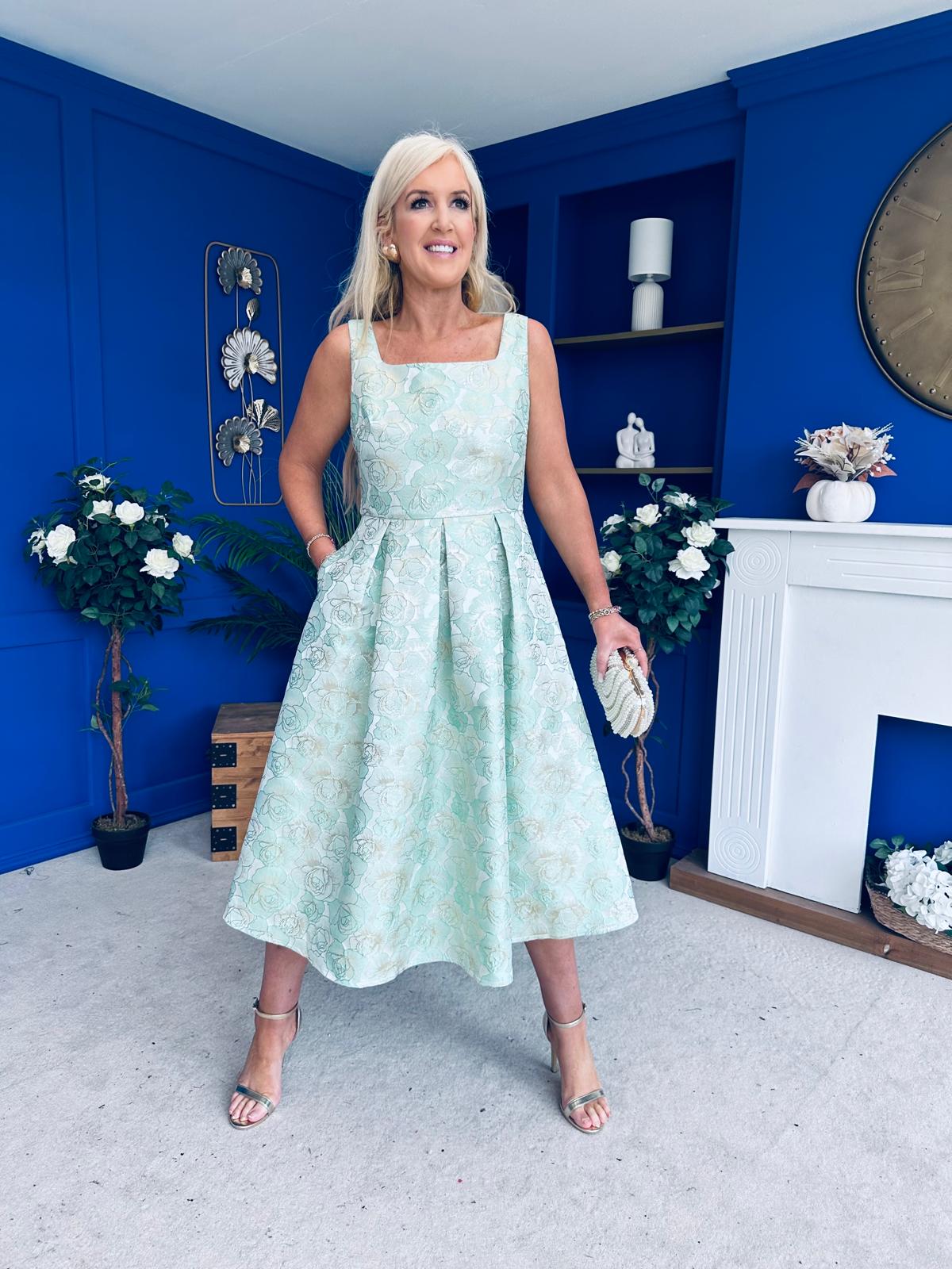 Celia Square Neck Jacquard Occasion Dress Mint