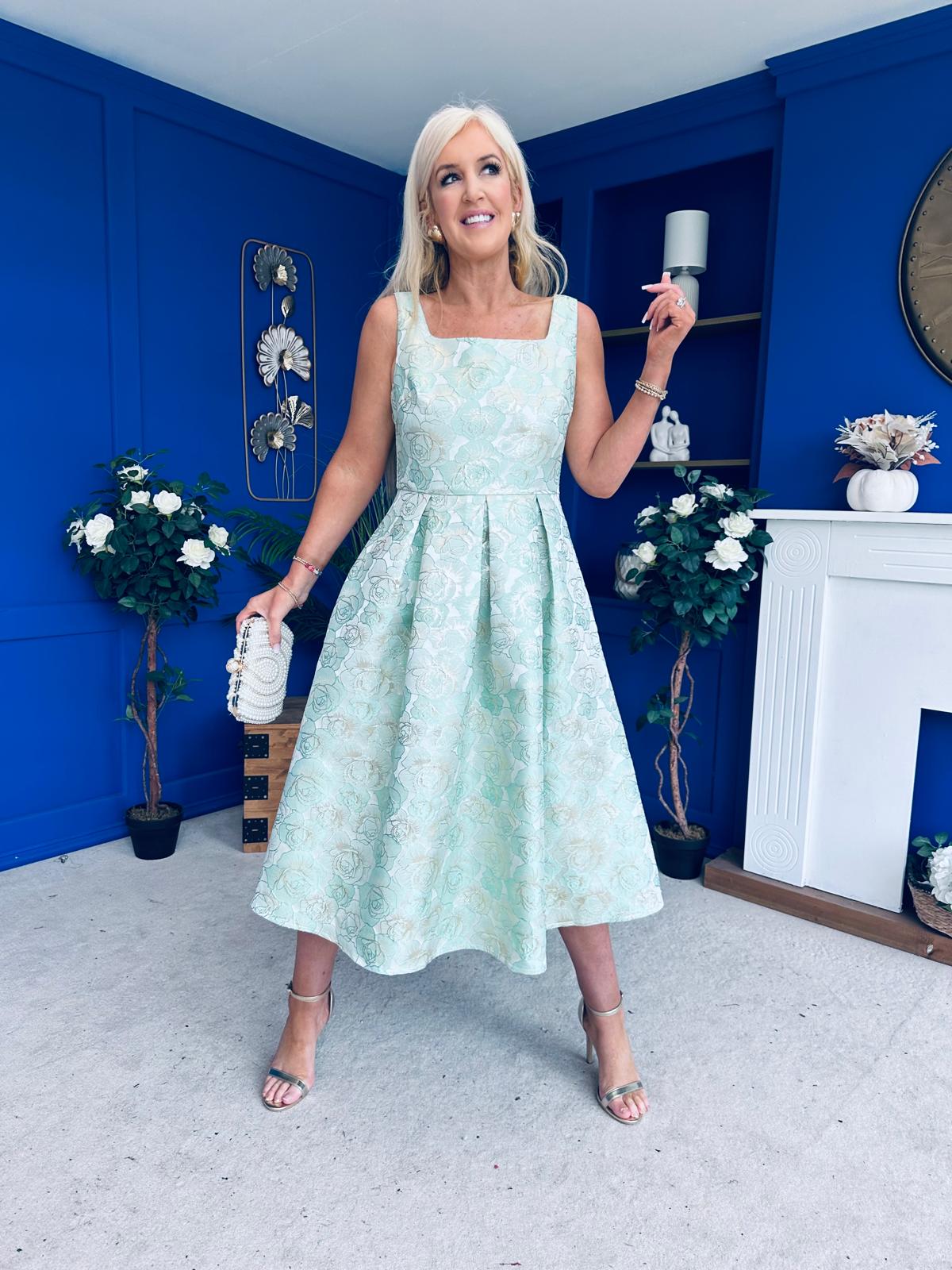 Celia Square Neck Jacquard Occasion Dress Mint