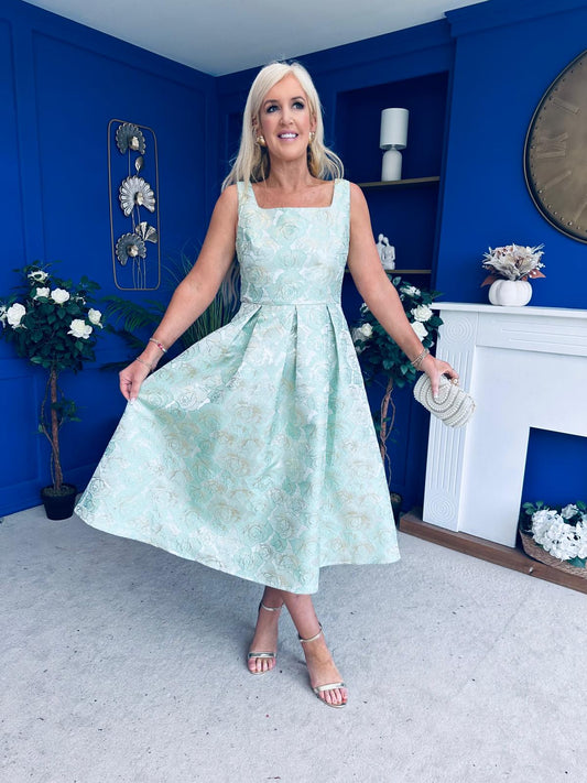 Celia Square Neck Jacquard Occasion Dress Mint