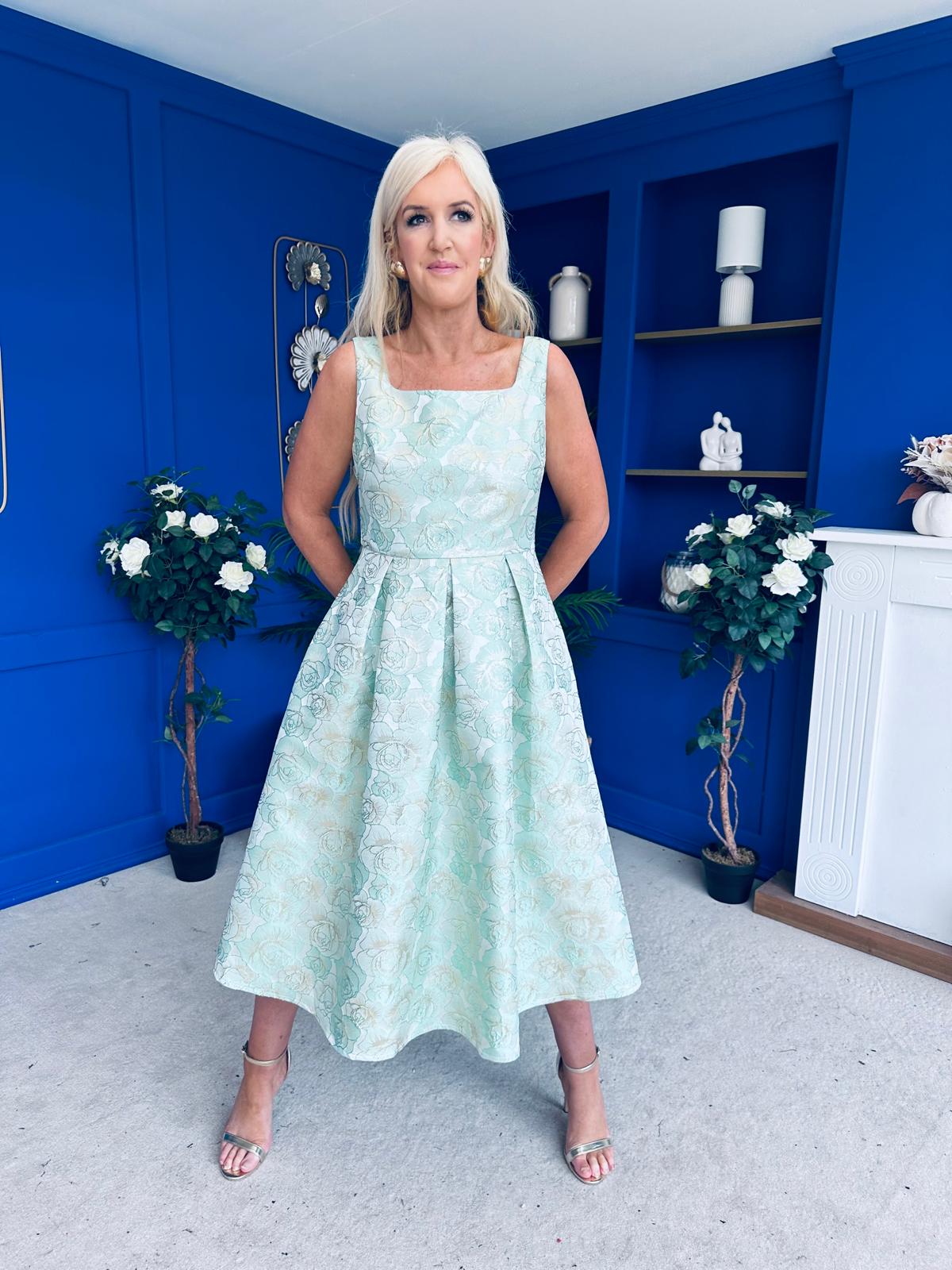 Celia Square Neck Jacquard Occasion Dress Mint