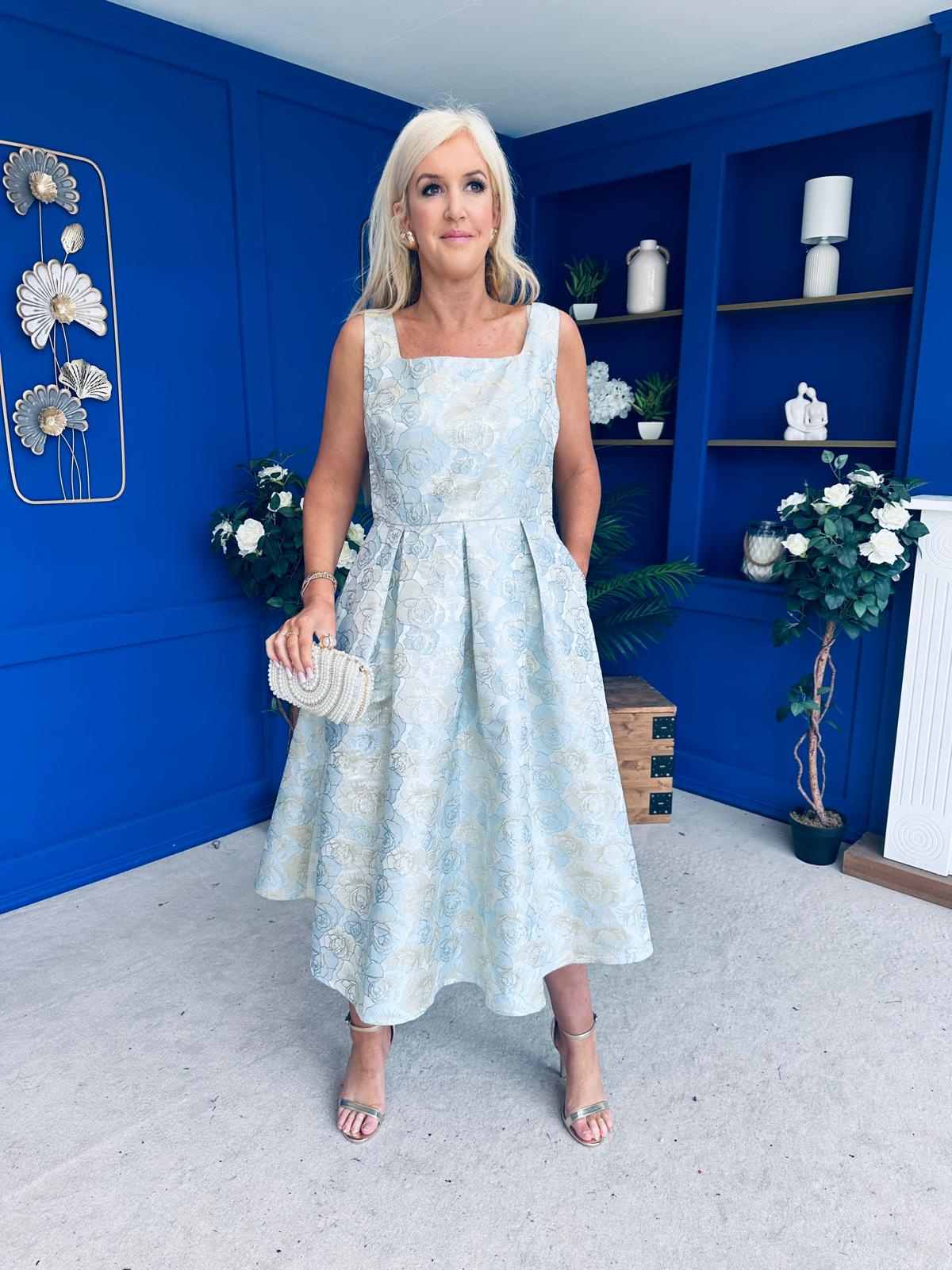 Celia Square Neck Jacquard Occasion Dress Blue