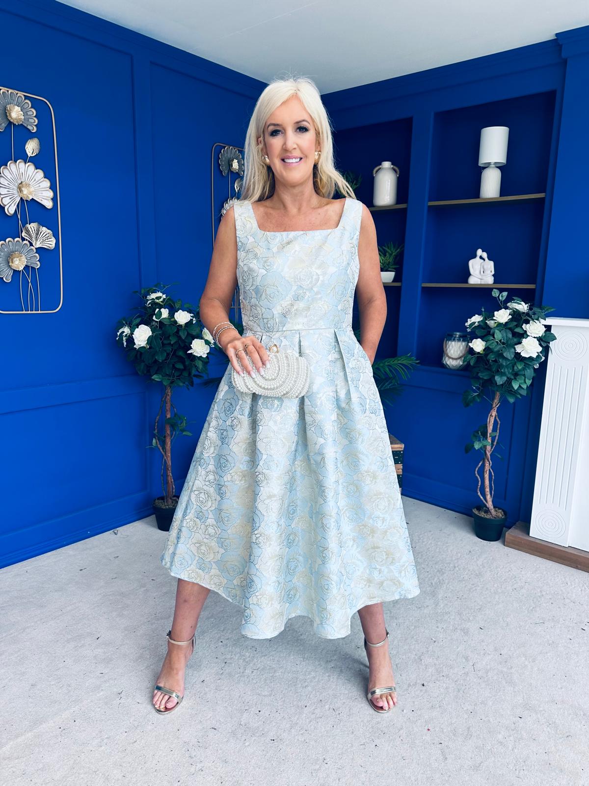 Celia Square Neck Jacquard Occasion Dress Blue