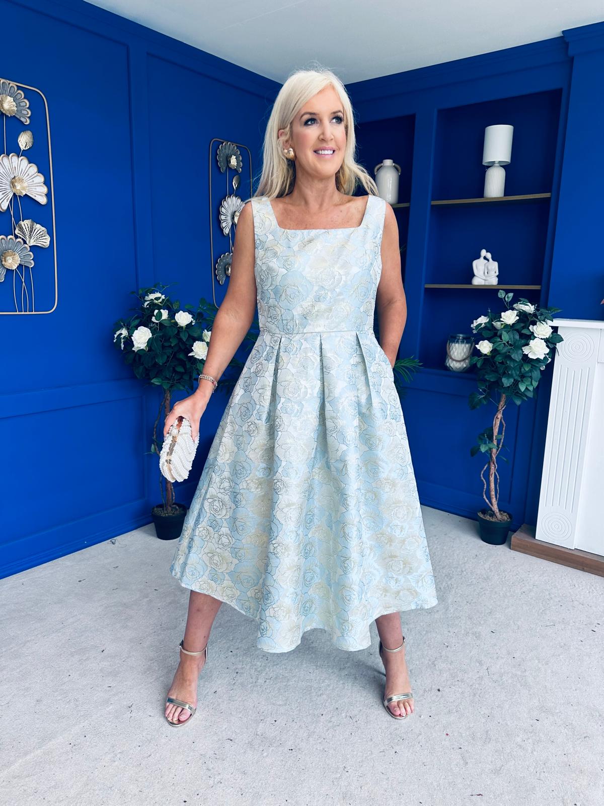 Celia Square Neck Jacquard Occasion Dress Blue