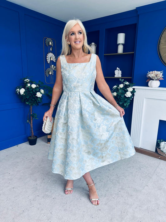 Celia Square Neck Jacquard Occasion Dress Blue