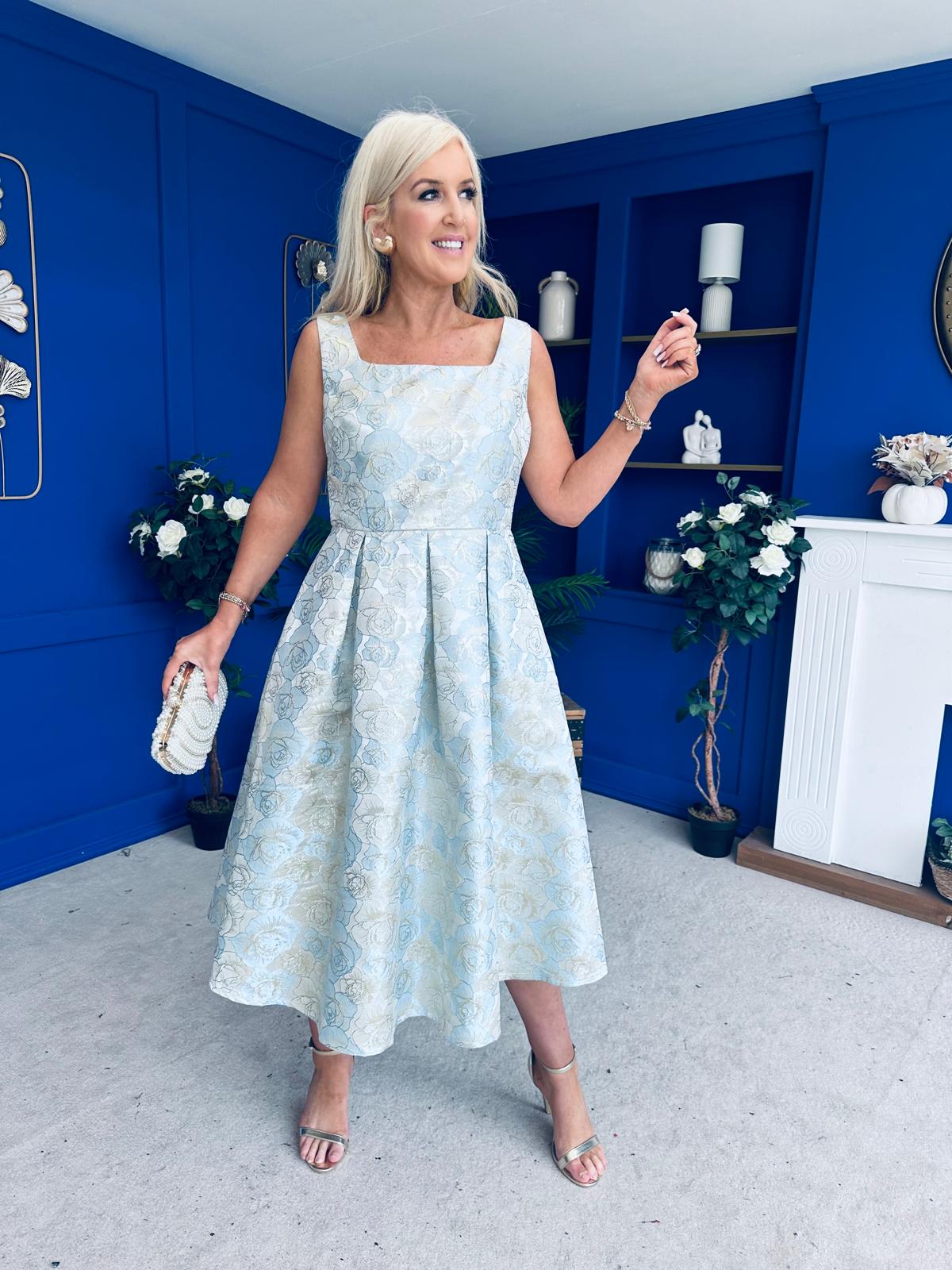 Celia Square Neck Jacquard Occasion Dress Blue