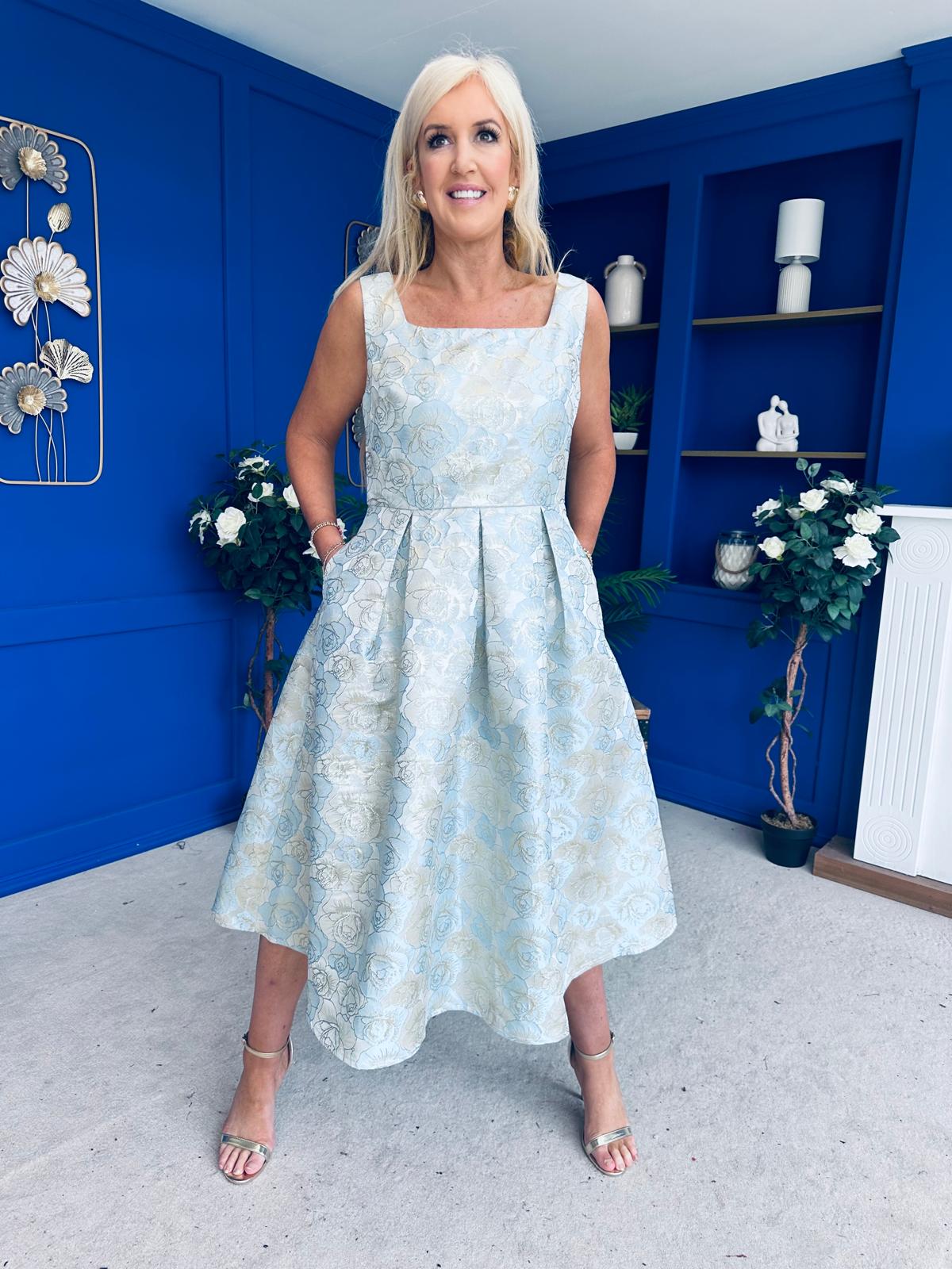 Celia Square Neck Jacquard Occasion Dress Blue