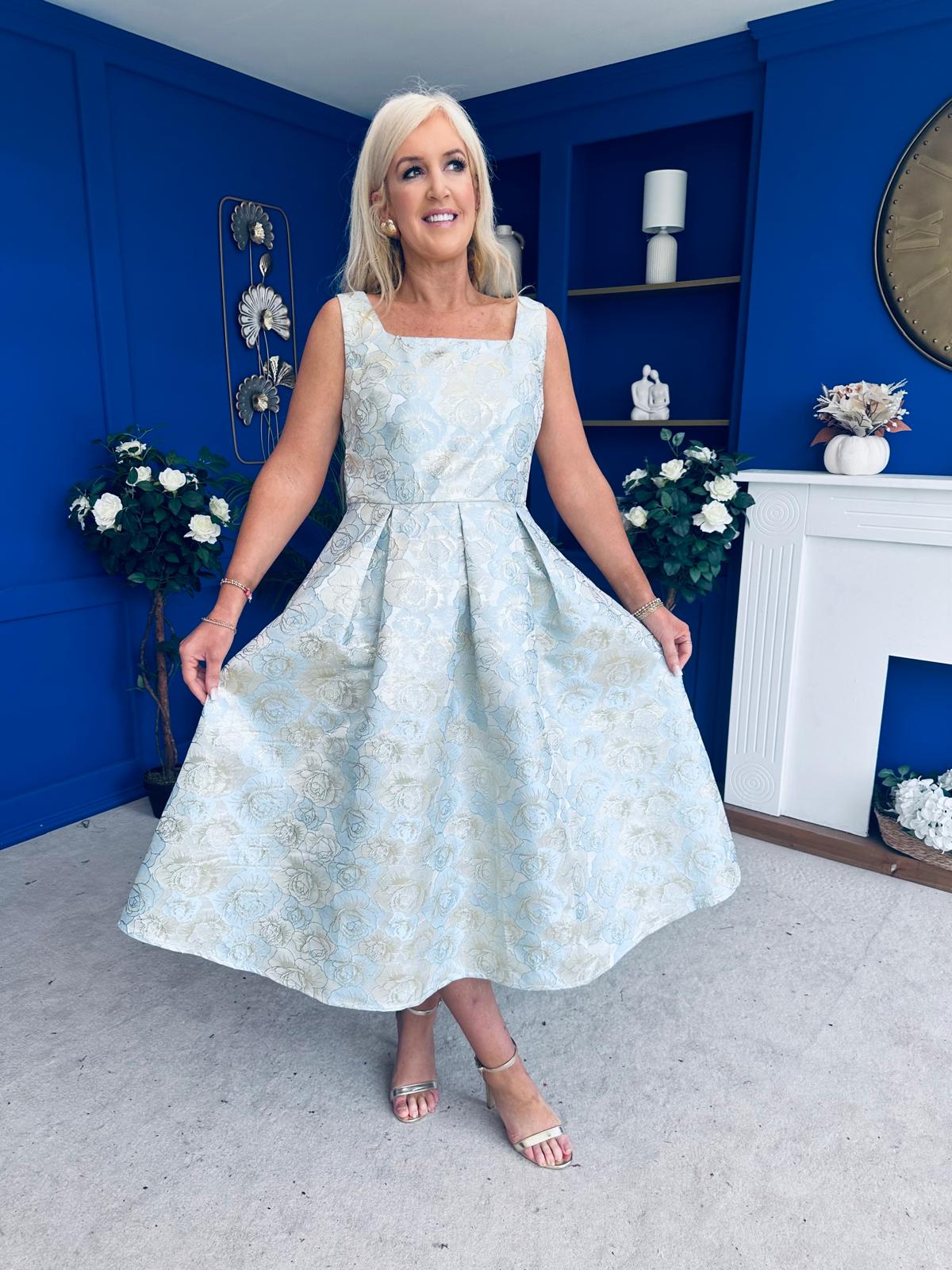 Celia Square Neck Jacquard Occasion Dress Blue