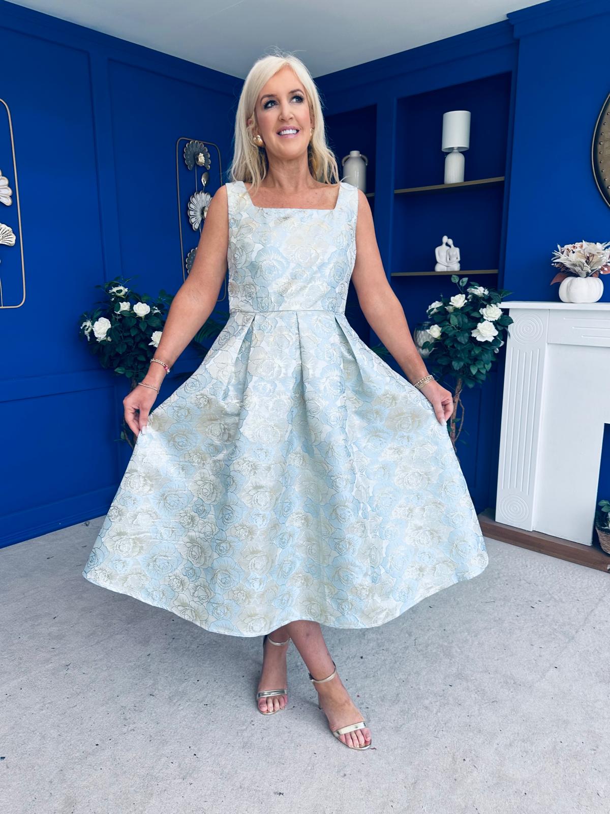 Celia Square Neck Jacquard Occasion Dress Blue