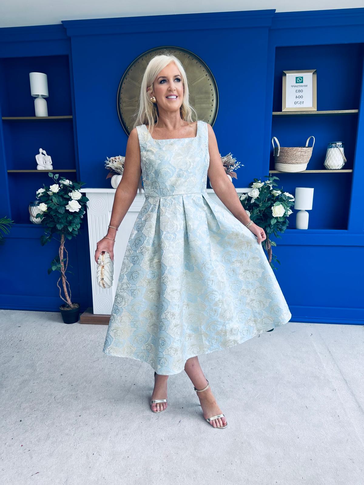 Celia Square Neck Jacquard Occasion Dress Blue