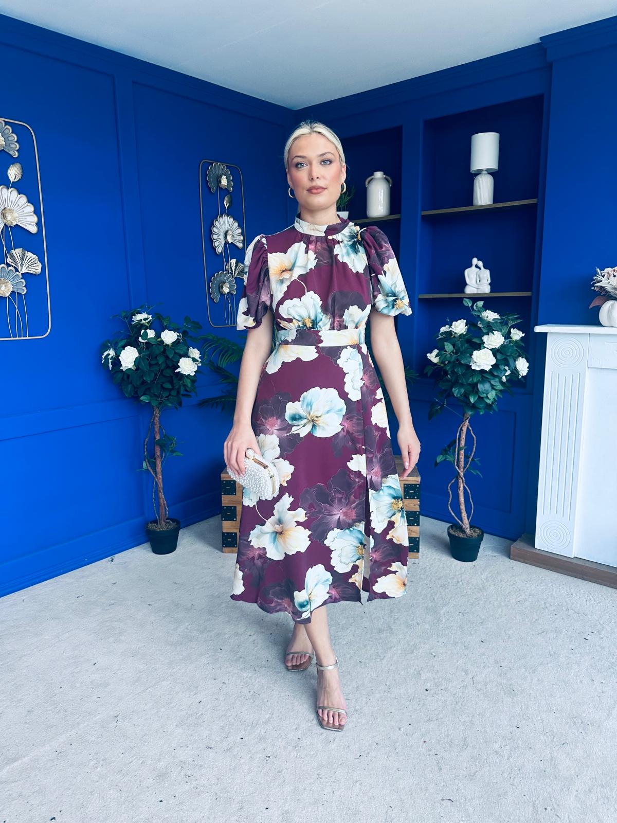 Lilith Puff Sleeve High Neck Midi Dress Plum Floral