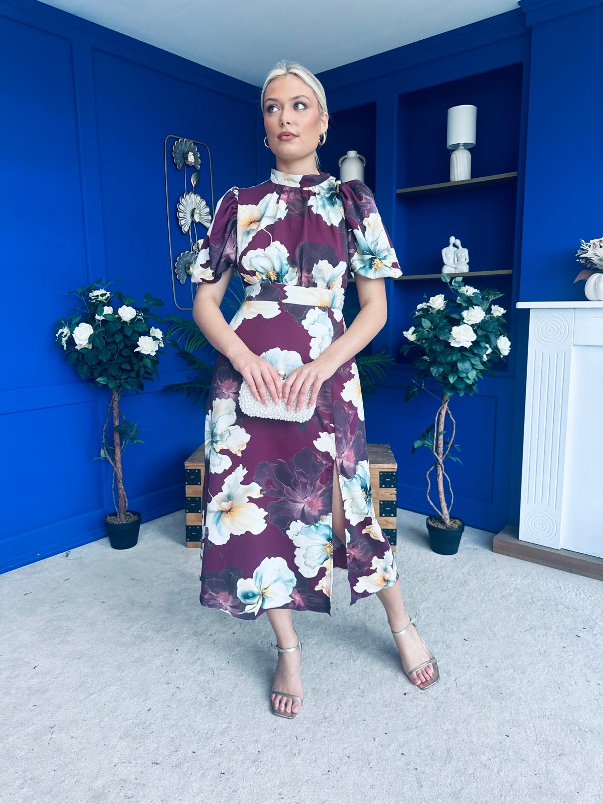 lilith midi dress Lilith Puff Sleeve High Neck Midi Dress Plum Floral