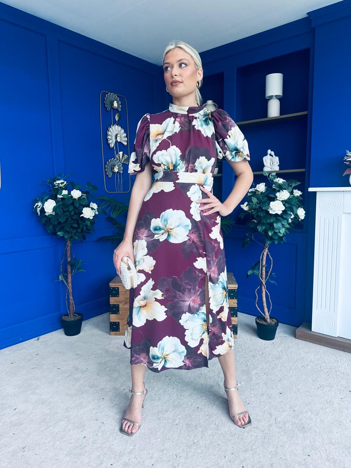 Lilith Puff Sleeve High Neck Midi Dress Plum Floral