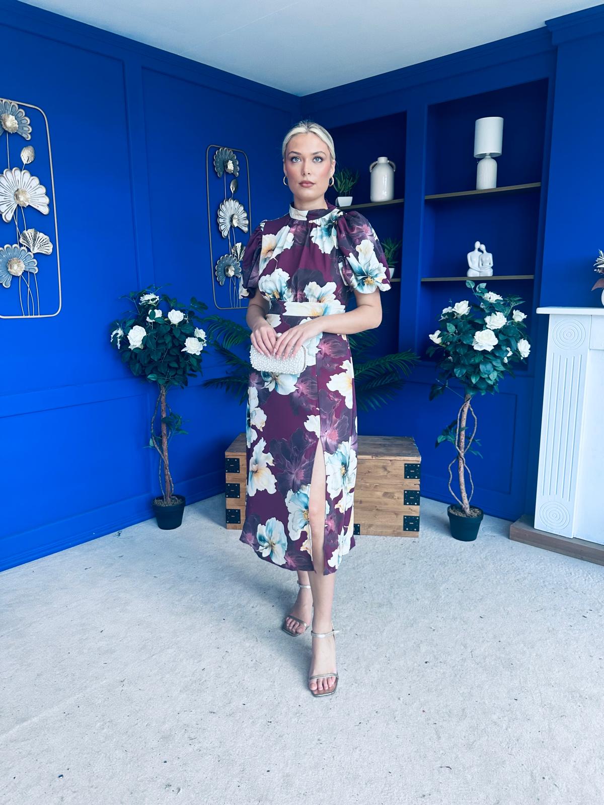 Lilith Puff Sleeve High Neck Midi Dress Plum Floral