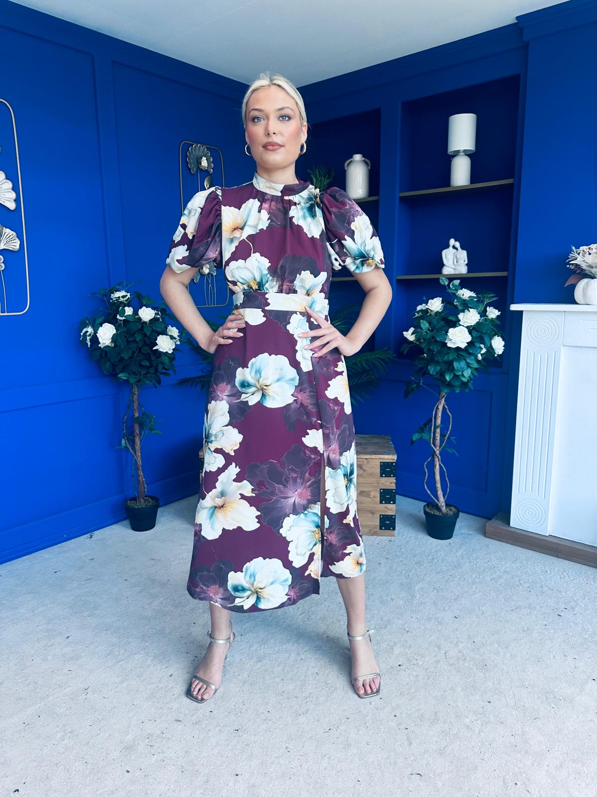Lilith Puff Sleeve High Neck Midi Dress Plum Floral