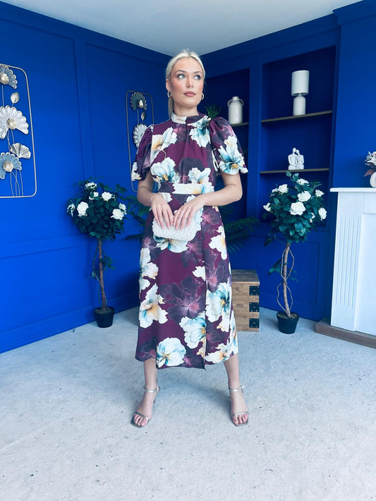 Lilith Puff Sleeve High Neck Midi Dress Plum Floral