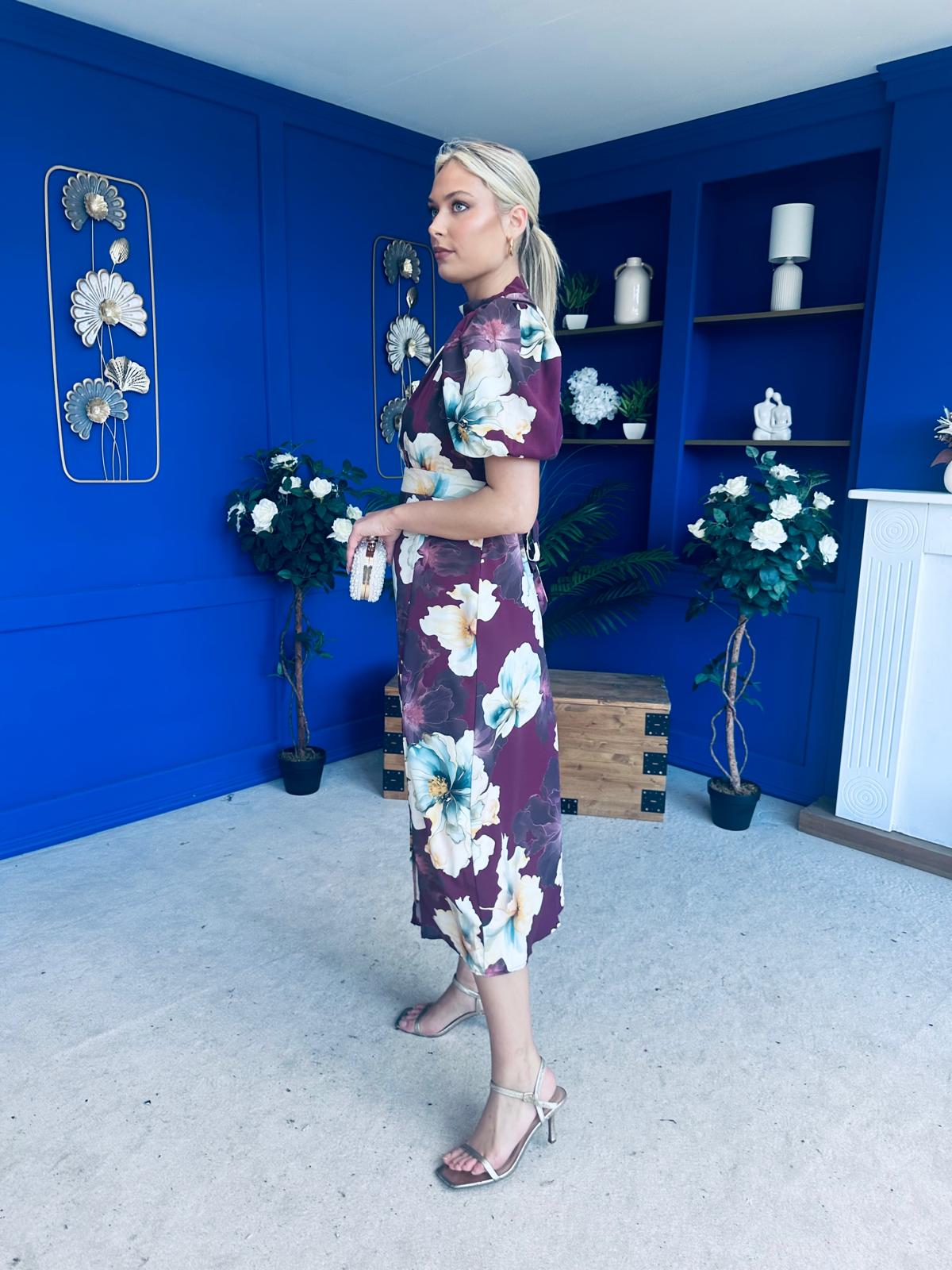 Lilith Puff Sleeve High Neck Midi Dress Plum Floral