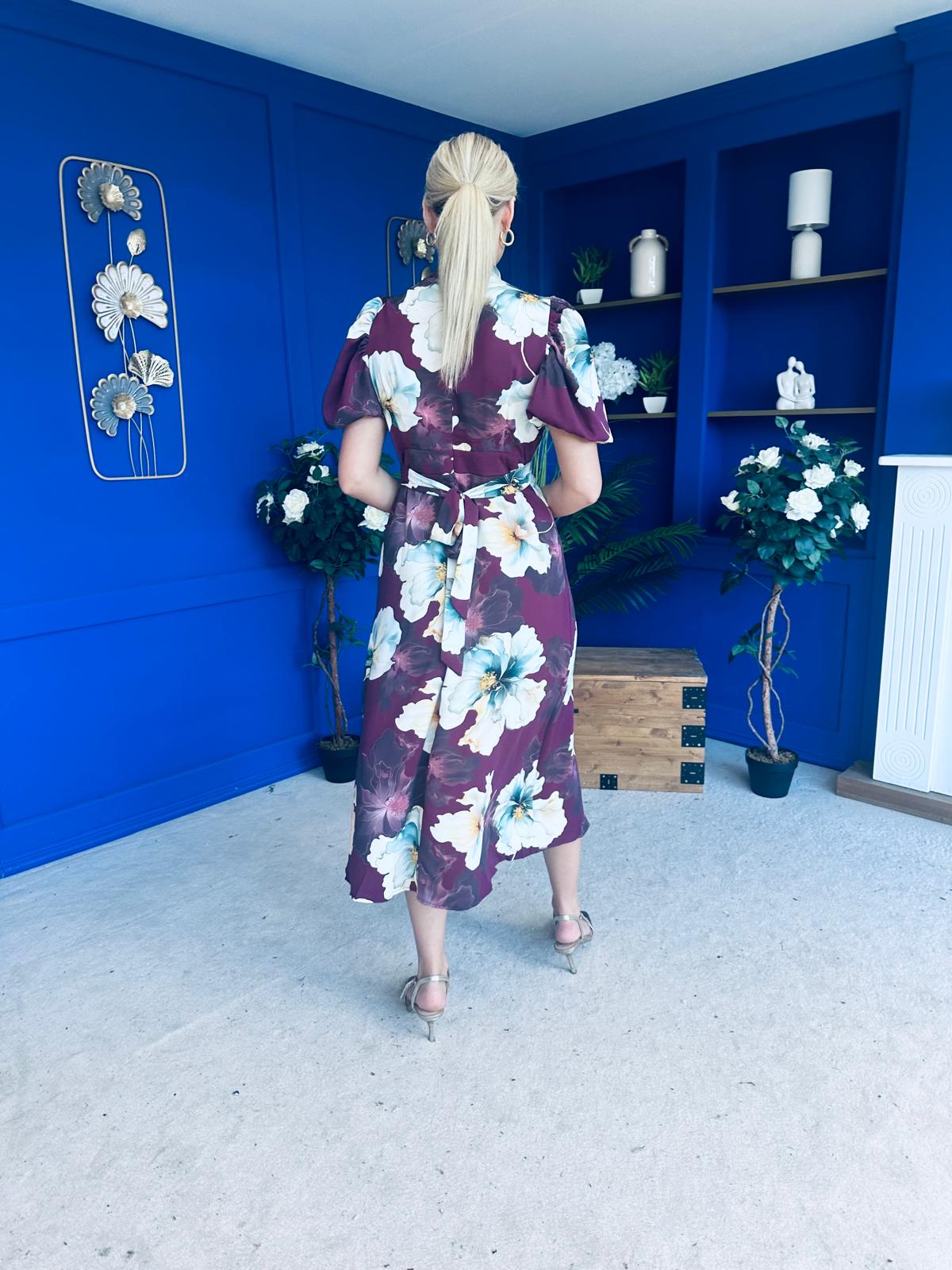 Lilith Puff Sleeve High Neck Midi Dress Plum Floral