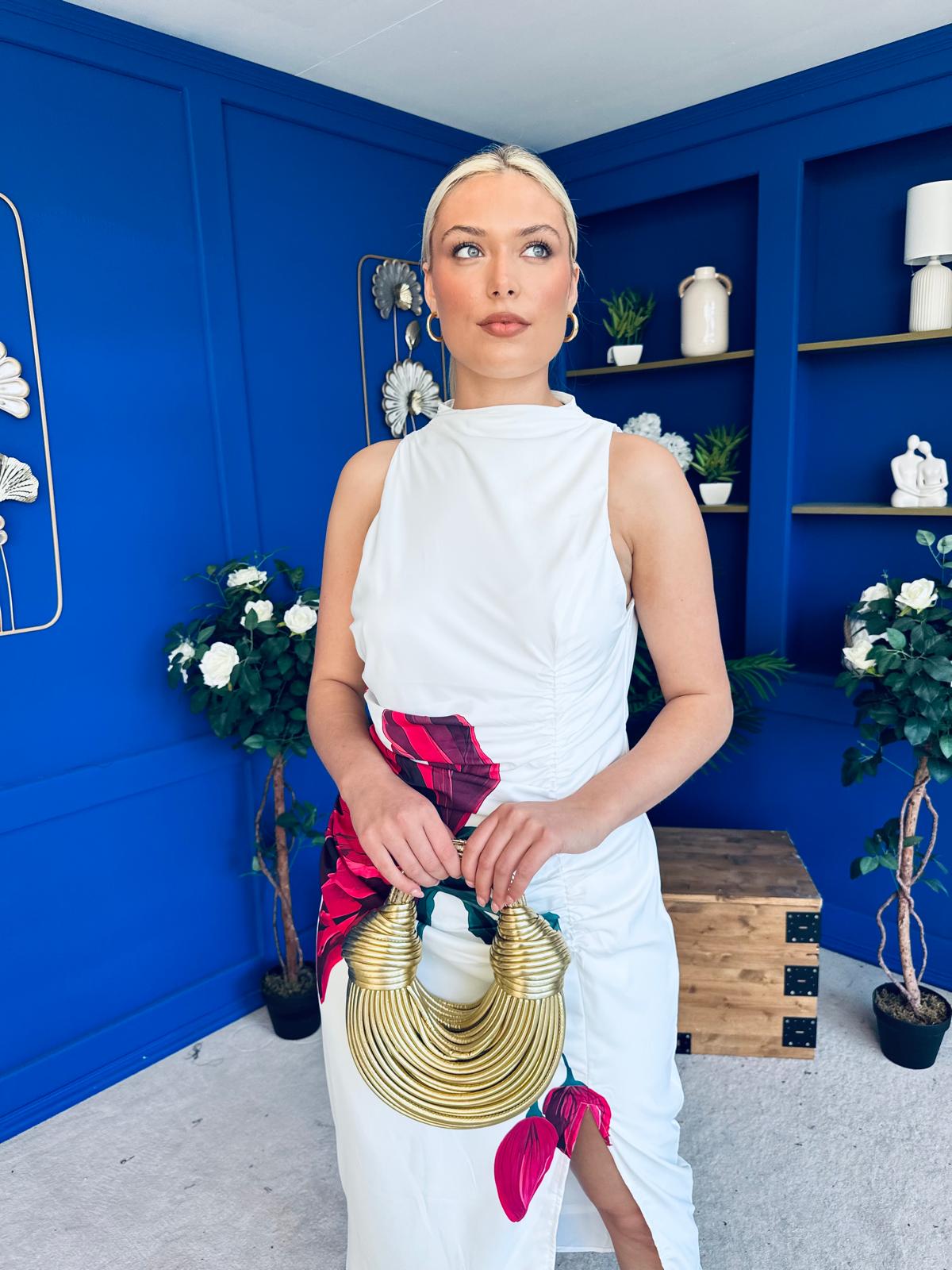 Marta High Neck Ruched Midi Dress Floral White