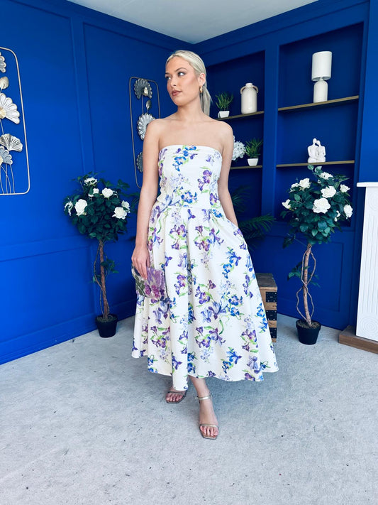 Danni Strapless Bandeau Midi Dress Floral Lilac & Cream