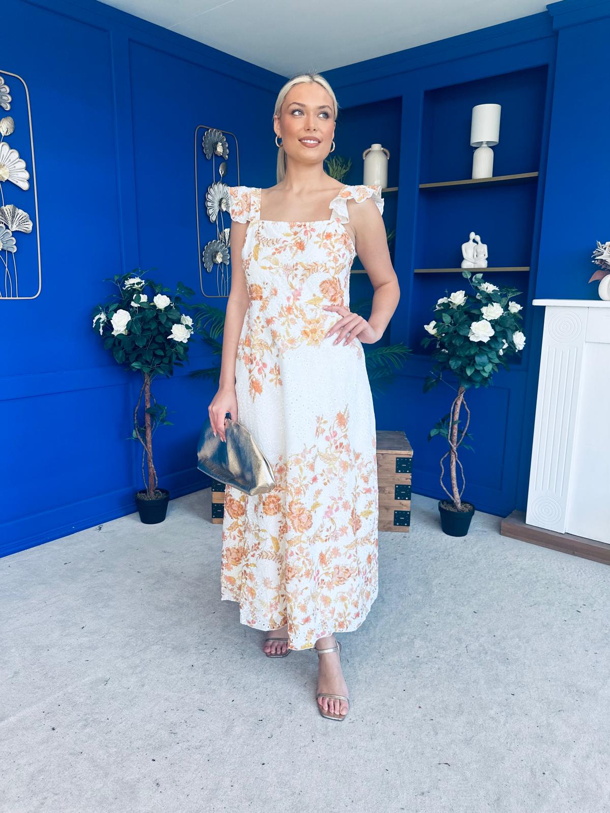 Orla Broderie Anglaise Floral Border Maxi Dress White