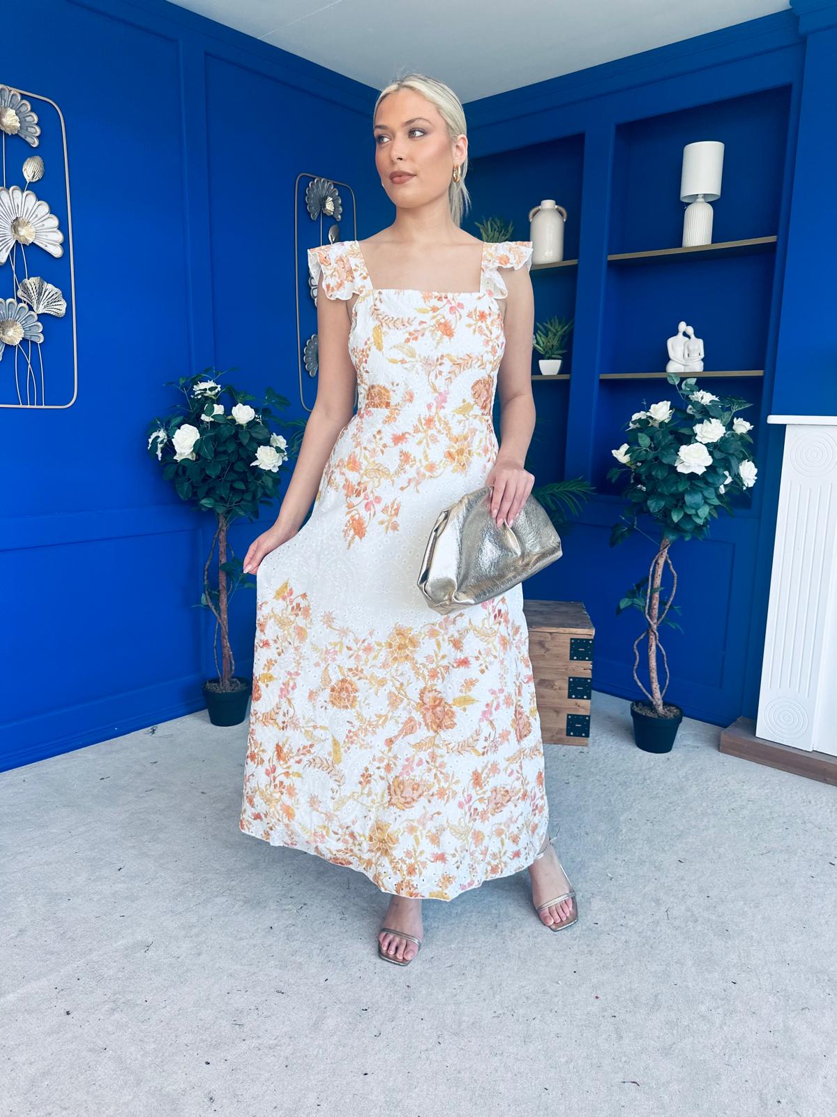 Orla Broderie Anglaise Floral Border Maxi Dress White