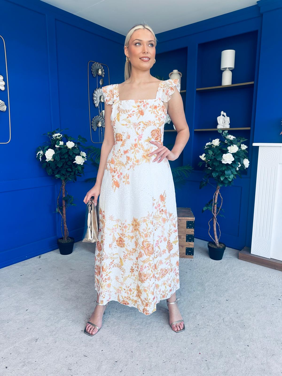 Orla Broderie Anglaise Floral Border Maxi Dress White