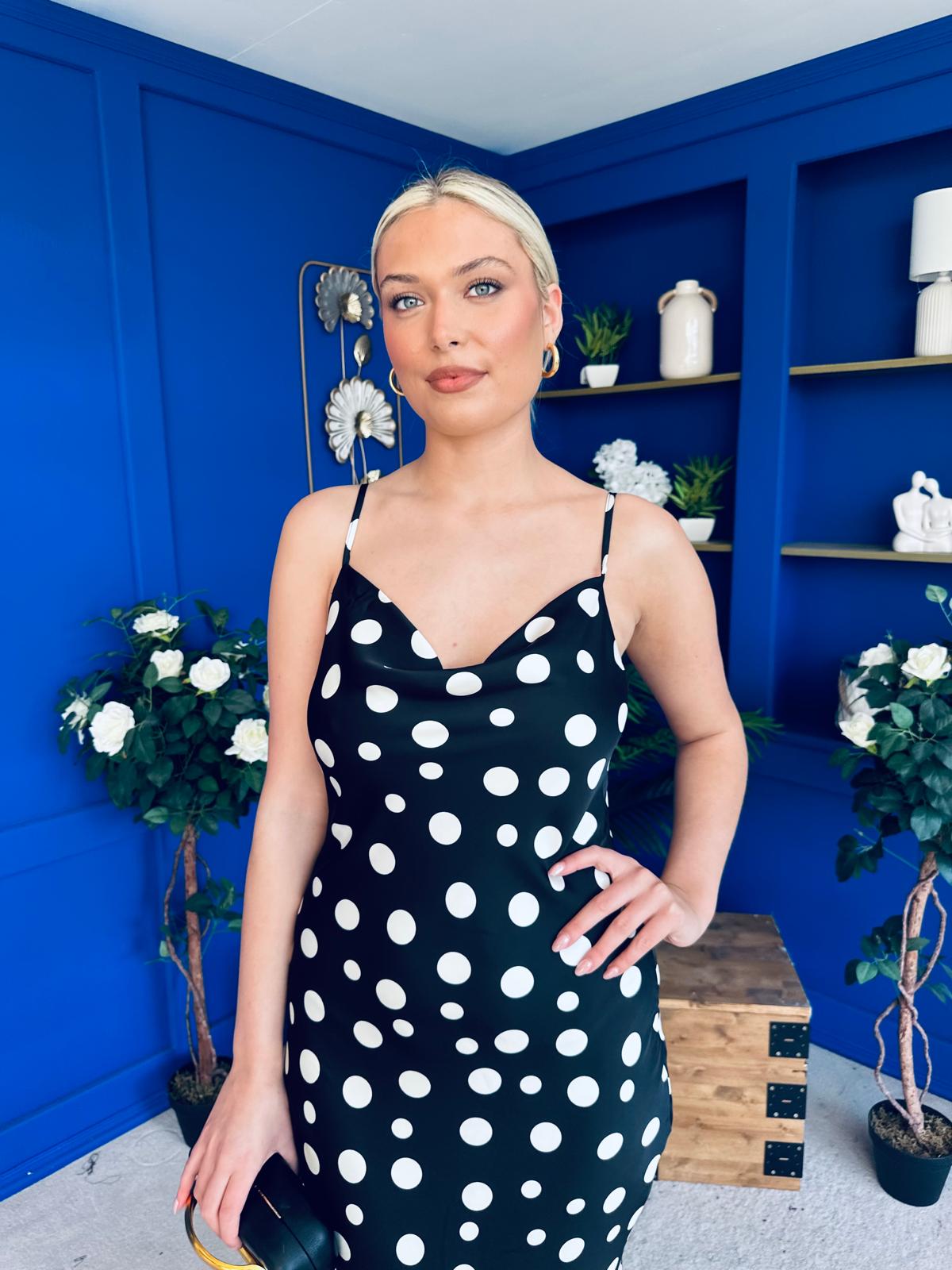 Naomi Polka Slip Midi Dress Black