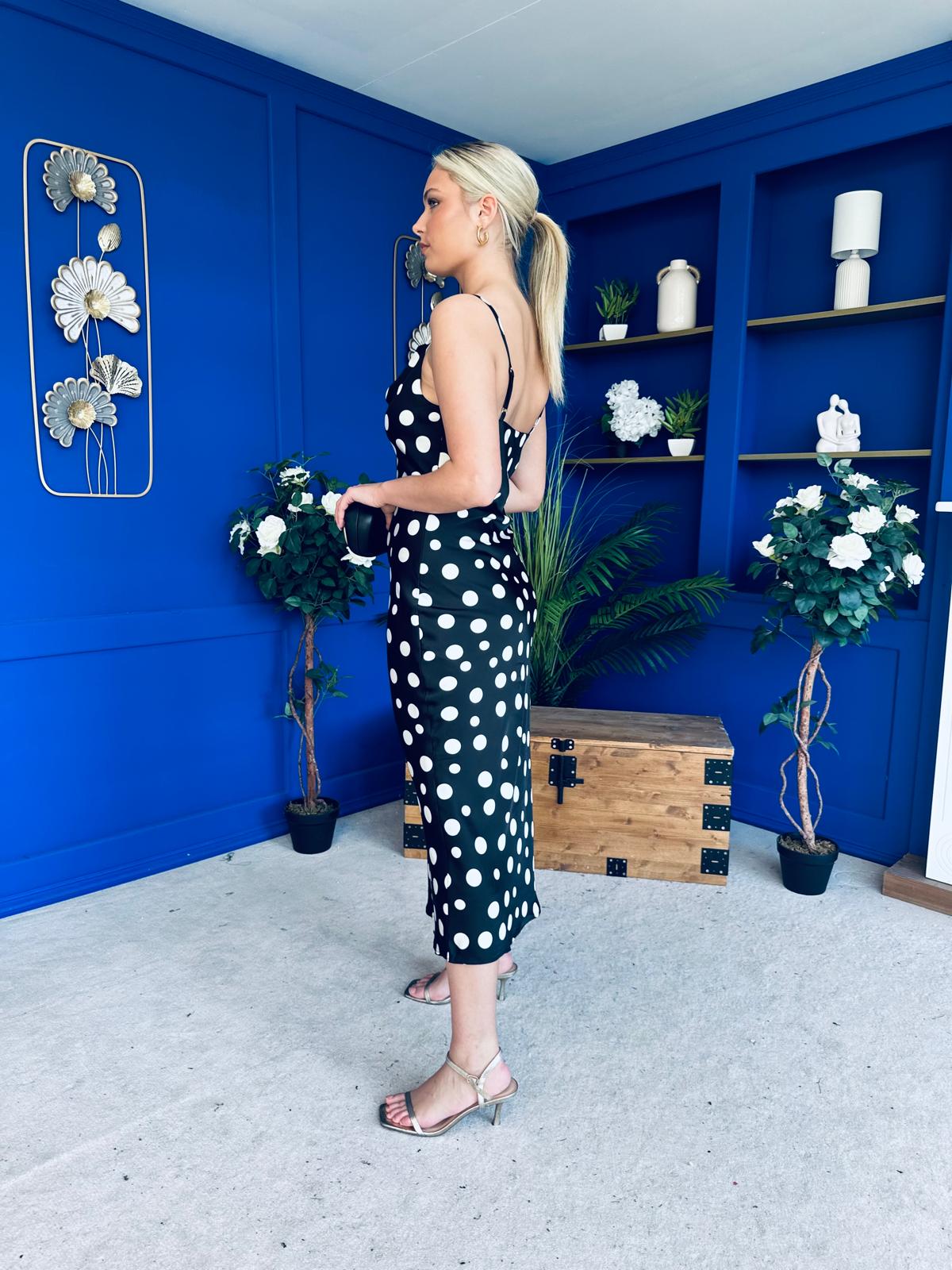 Naomi Polka Slip Midi Dress Black