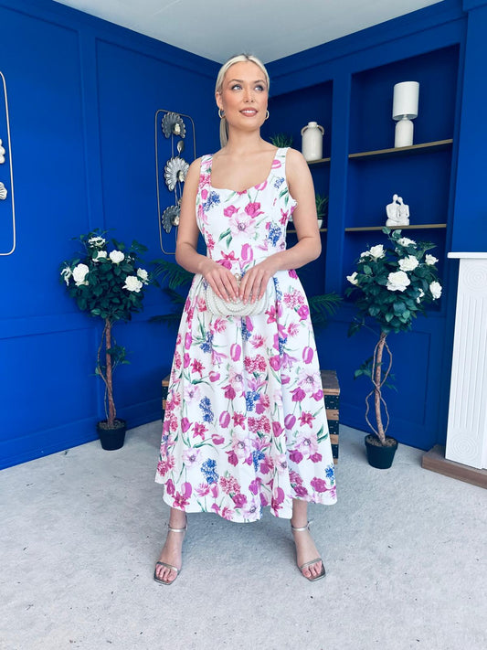 Pria Floral Print Square Neck A-line Midi Dress Pink