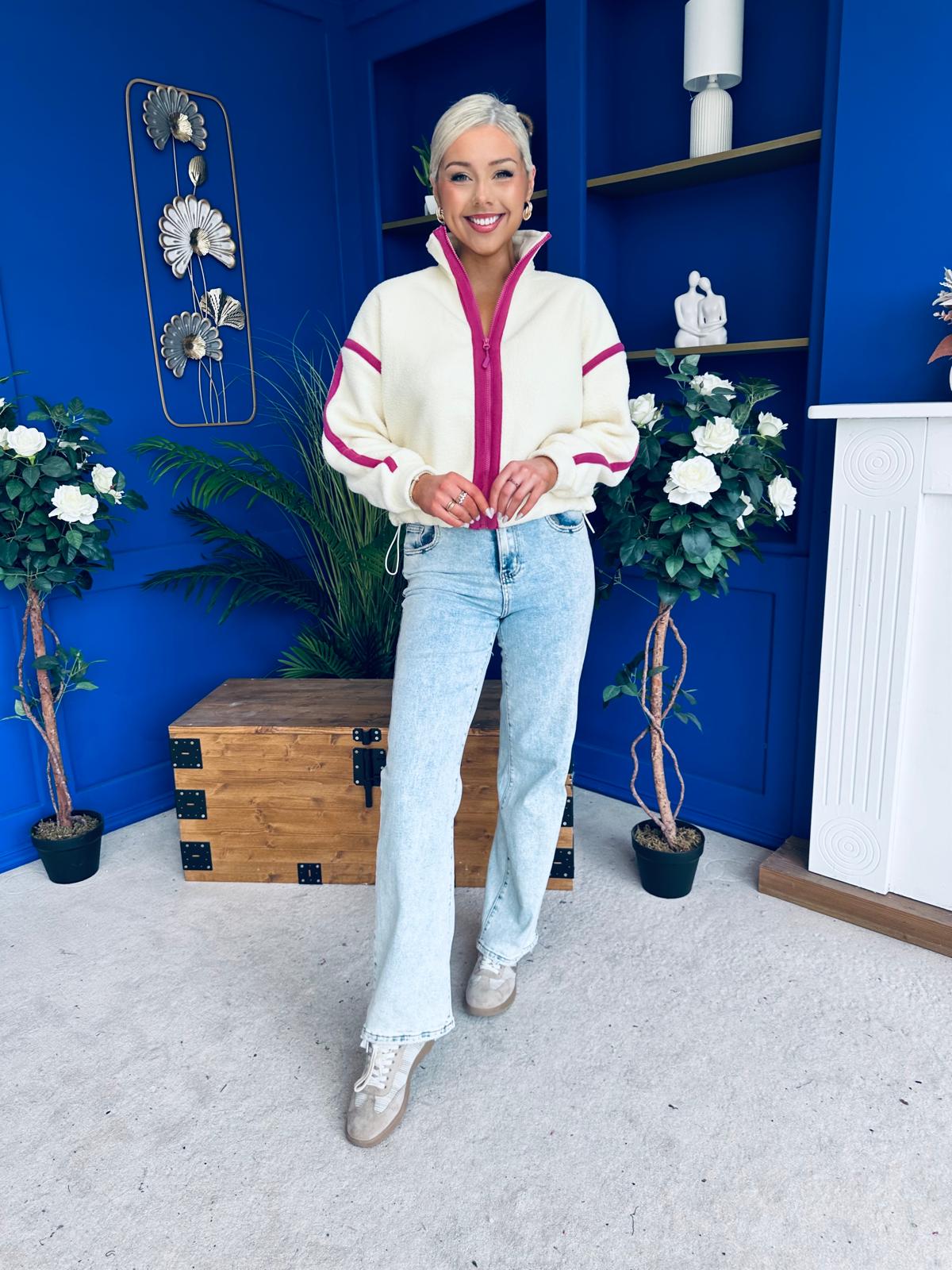 Lulu Contrast Binding Full Zip Fleece Cream