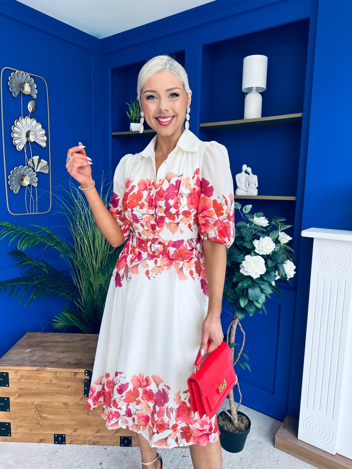Holland Collar Midi Dress Cream & Pink
