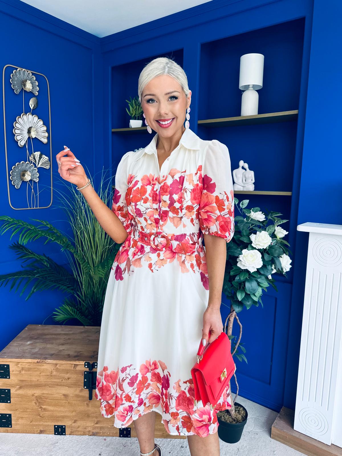 Holland Collar Midi Dress Cream & Pink