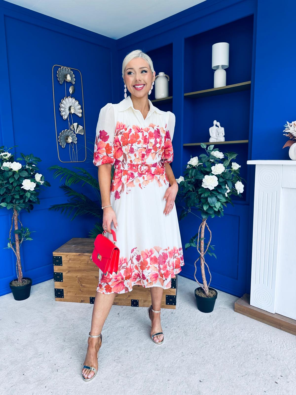 Holland Collar Midi Dress Cream & Pink