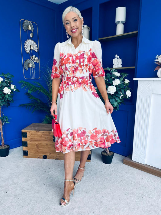 Holland Collar Midi Dress Cream & Pink