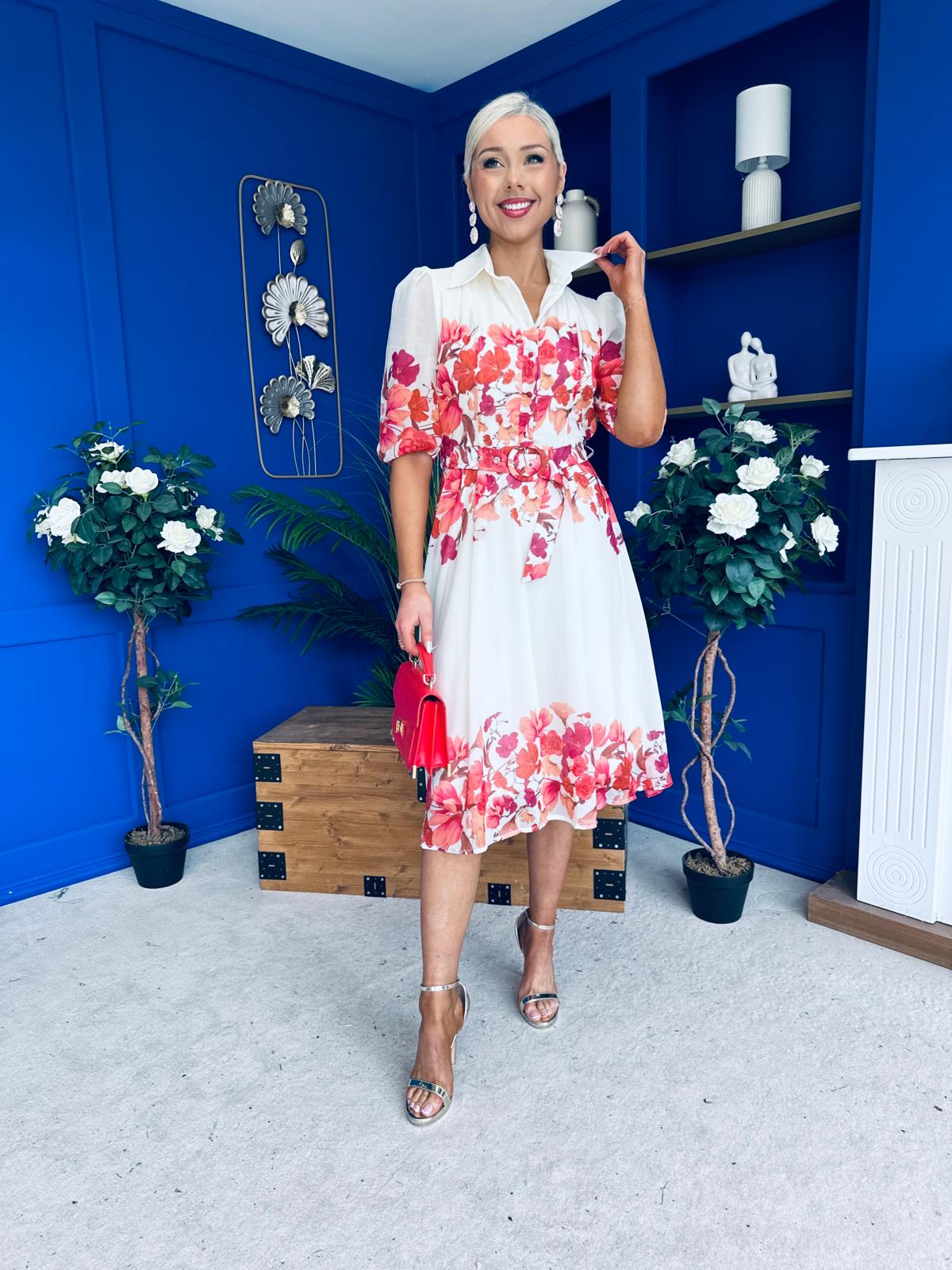 Holland Collar Midi Dress Cream & Pink