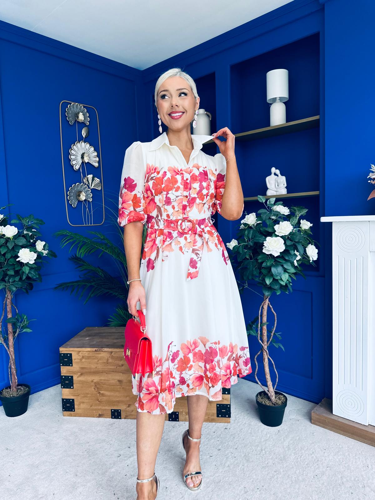 Holland Collar Midi Dress Cream & Pink