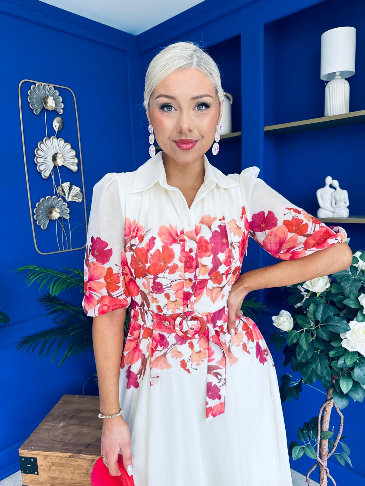 Holland Collar Midi Dress Cream & Pink