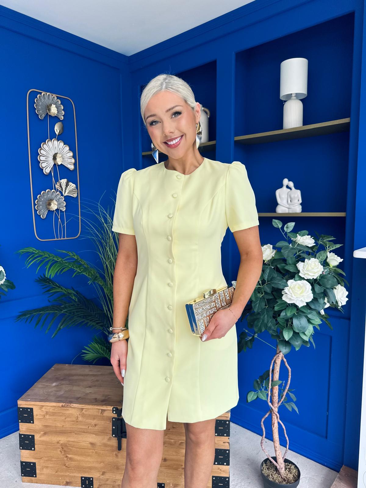 Megan Short Sleeve Button Up Mini Dress Lemon