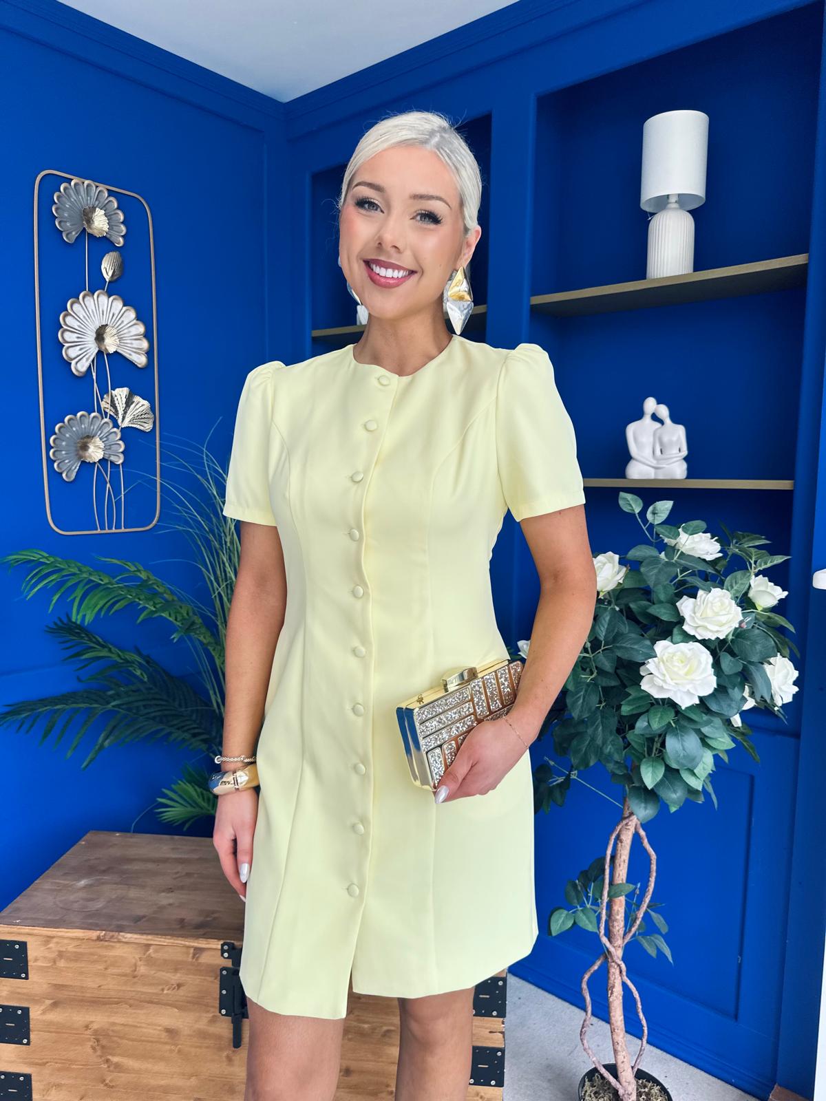 Megan Short Sleeve Button Up Mini Dress Lemon