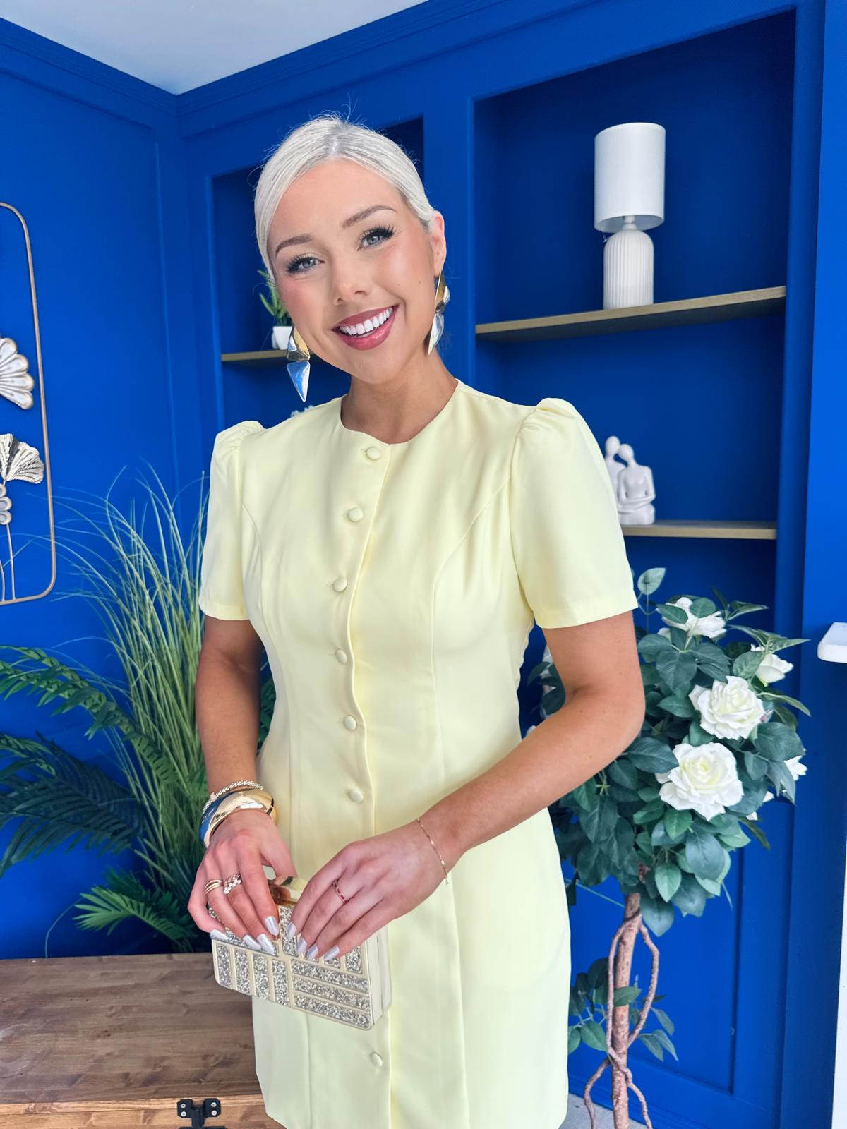 Megan Short Sleeve Button Up Mini Dress Lemon