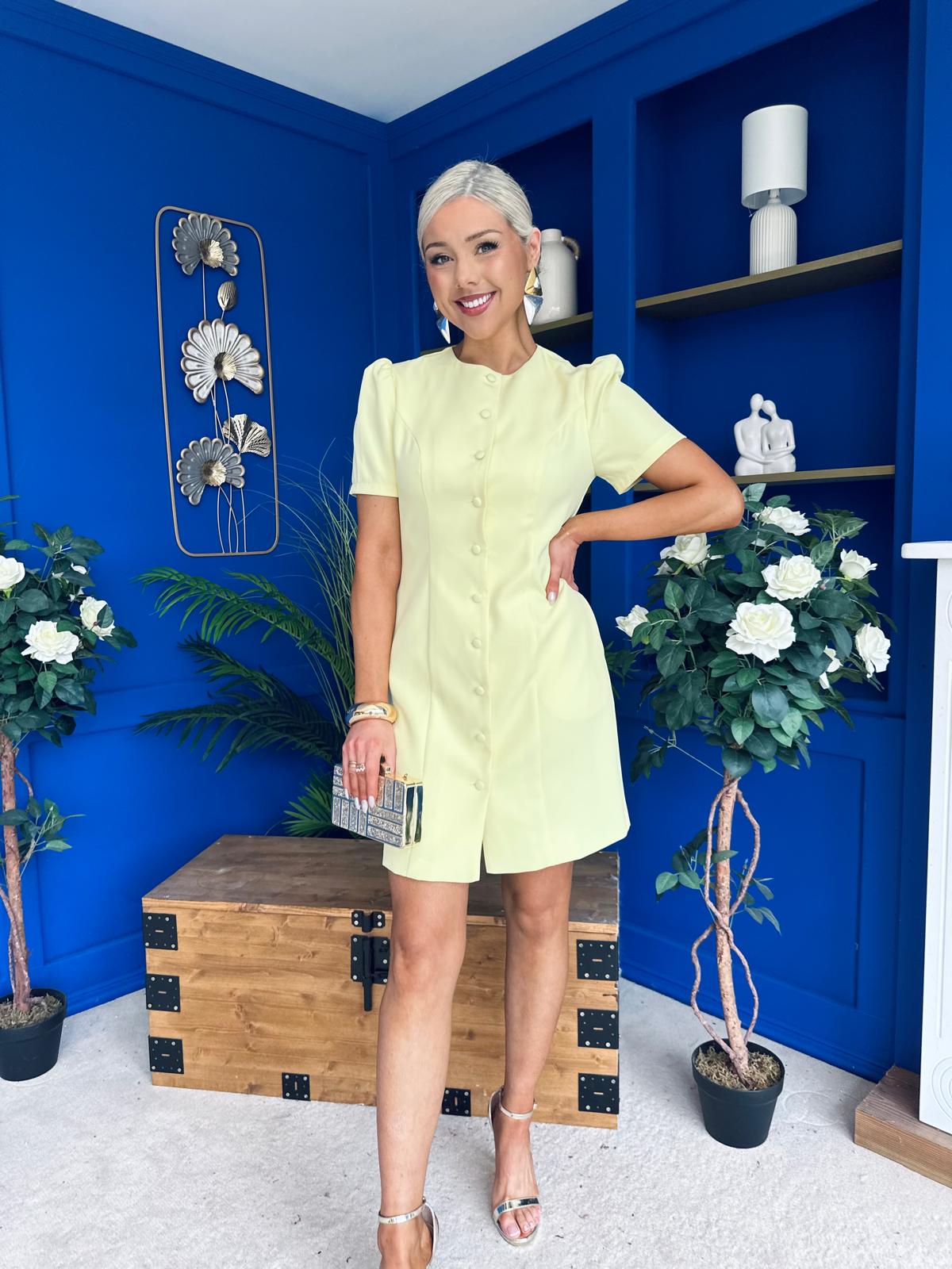 Megan Short Sleeve Button Up Mini Dress Lemon