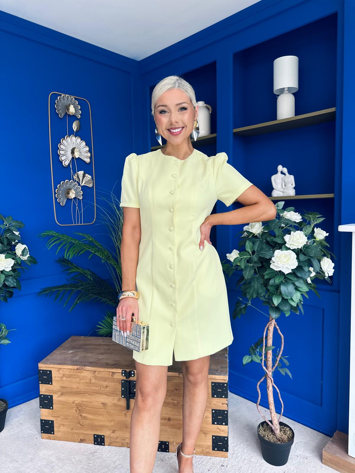 Megan Short Sleeve Button Up Mini Dress Lemon