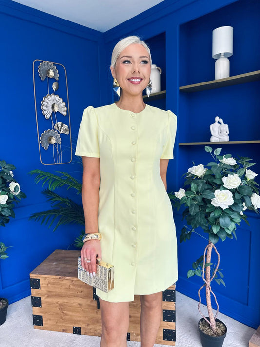 Megan Short Sleeve Button Up Mini Dress Lemon
