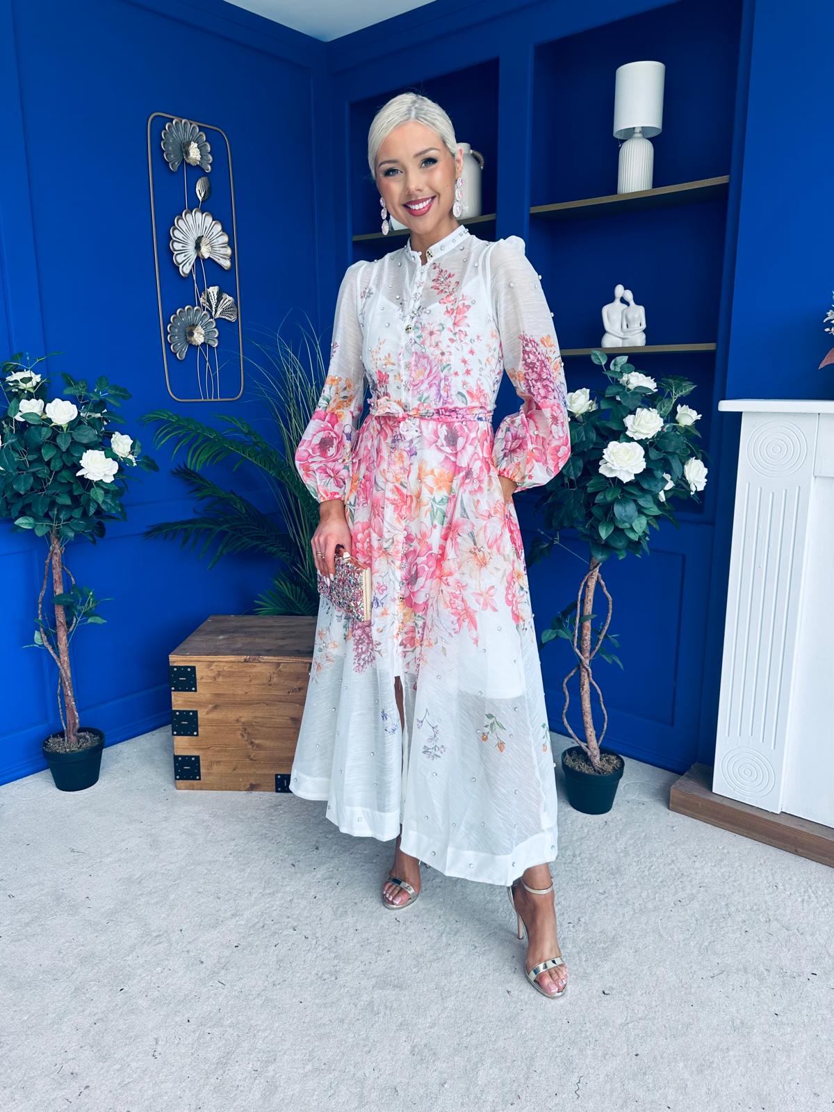 Bella Embellished Midi Shirt Dress Floral White