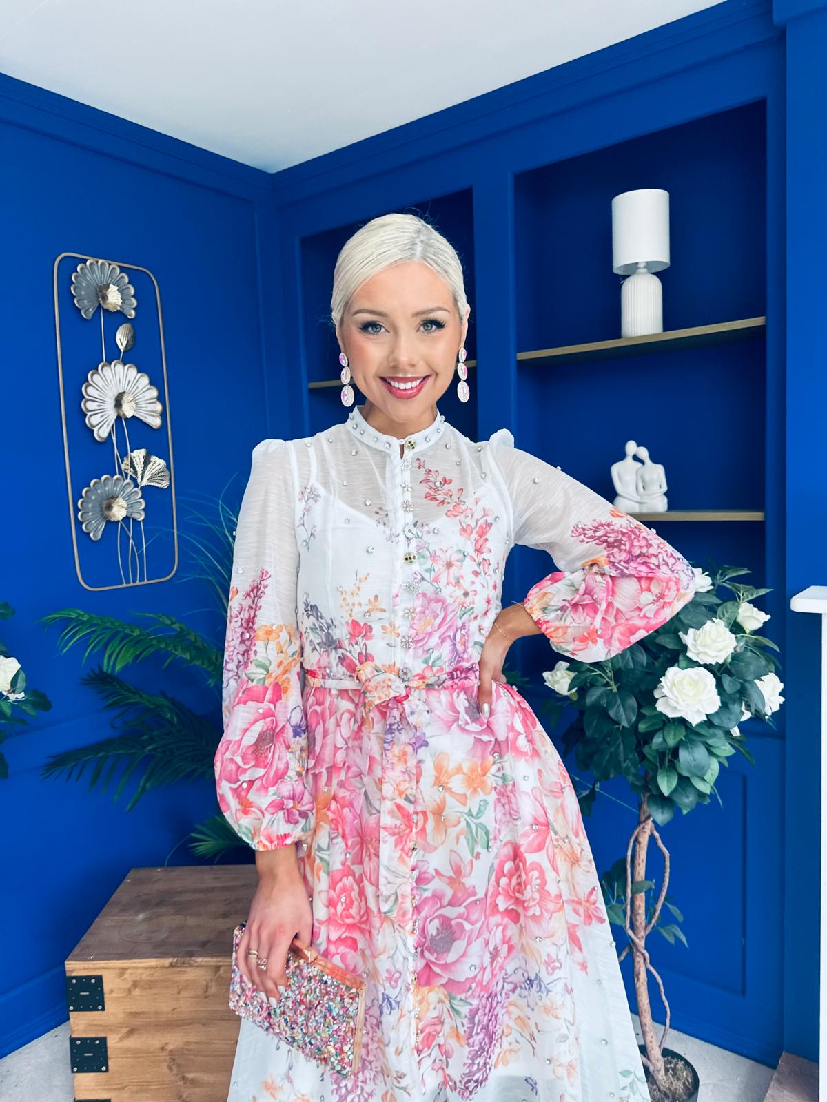 Bella Embellished Midi Shirt Dress Floral White